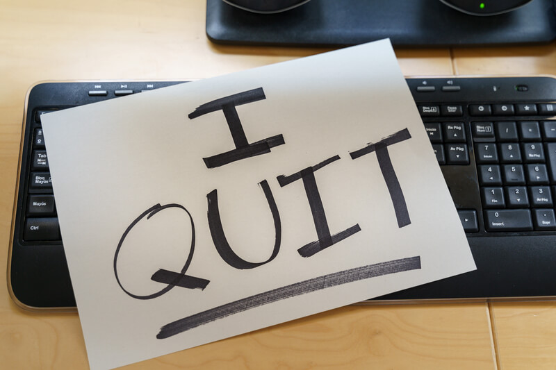 "I Quit" note on a keyboard. Great resignation concept.