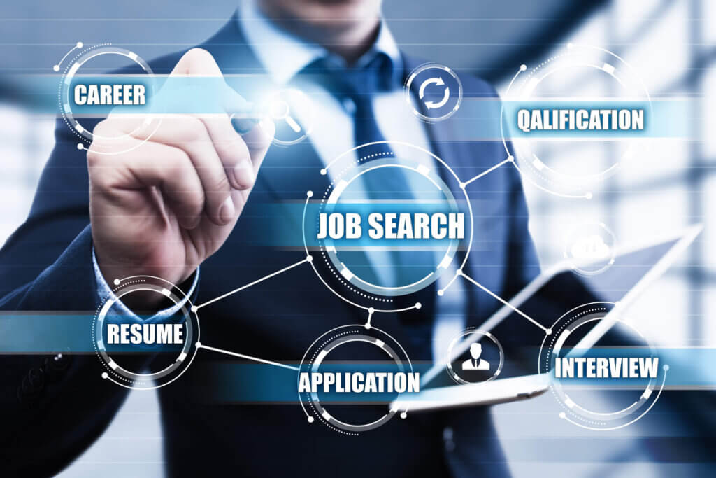 Man in suit touches screen with words like job search, resume, application popping up. AI for job search concept.