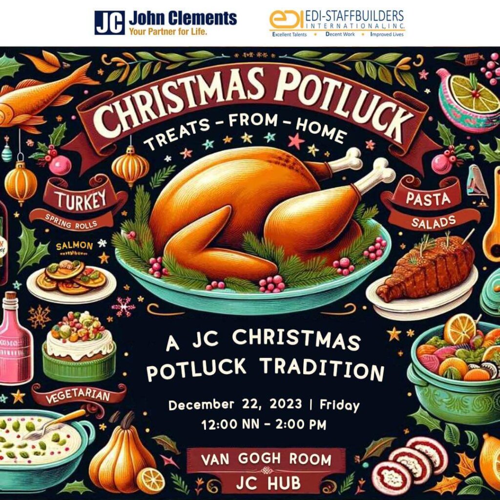 Event invite to the John Clements Christmas potluck with an artwork of a variety of dishes