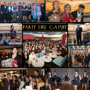 a collage of photos with people in Gatsby costumes and celebrating Christmas 