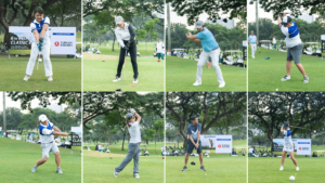 multiple photos of people playing golf