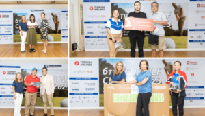 four photos of people posing with prizes