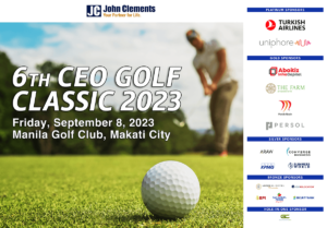 event poster for ceo golf classic with man putting in the background and golf ball in the foreground 