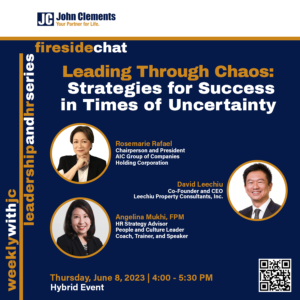  event poster of leadership through chaos with photos of speakers