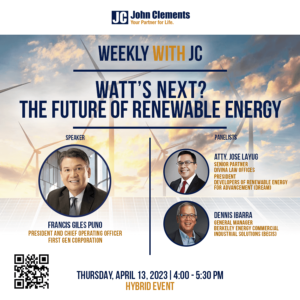 poster of event on the future of renewable energy with photos of speakers