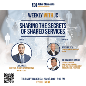 poster of event on the shared services industry with photos of speakers