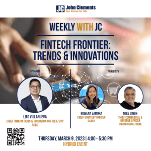 event poster for talk on trends and innovations in fintech with photos of speakers