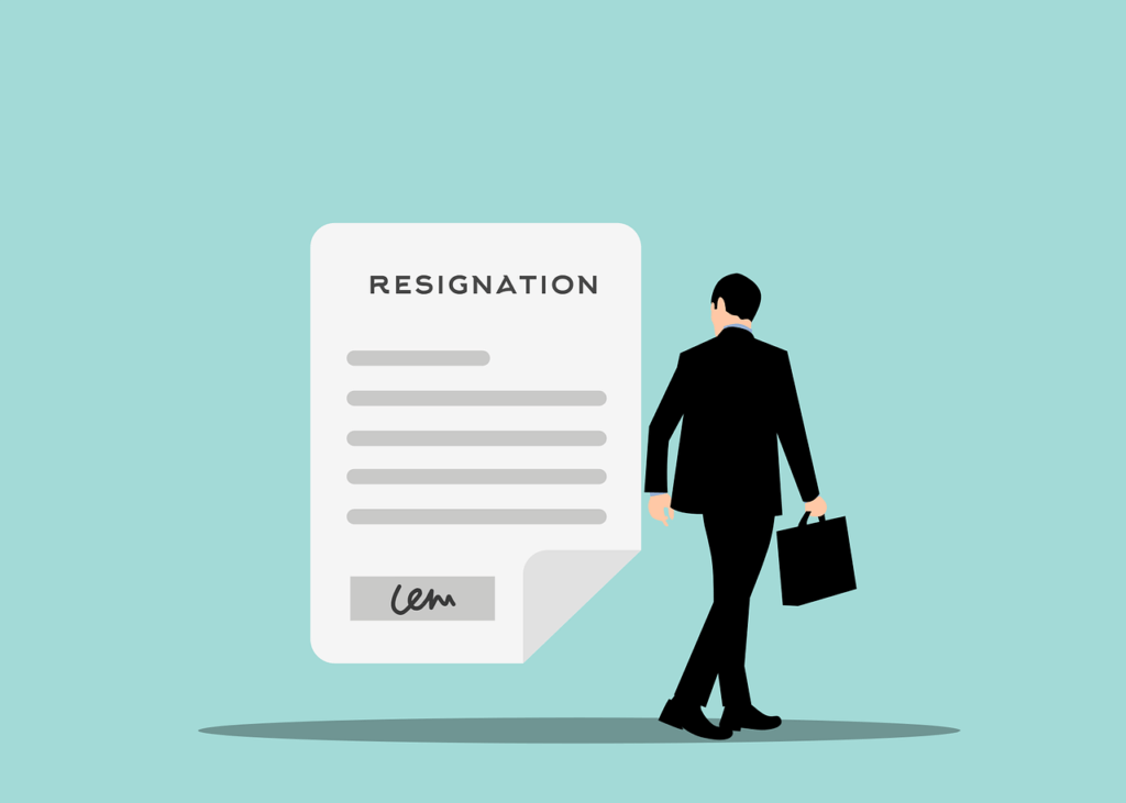 illustration of resignation letter and man in suit with briefcase