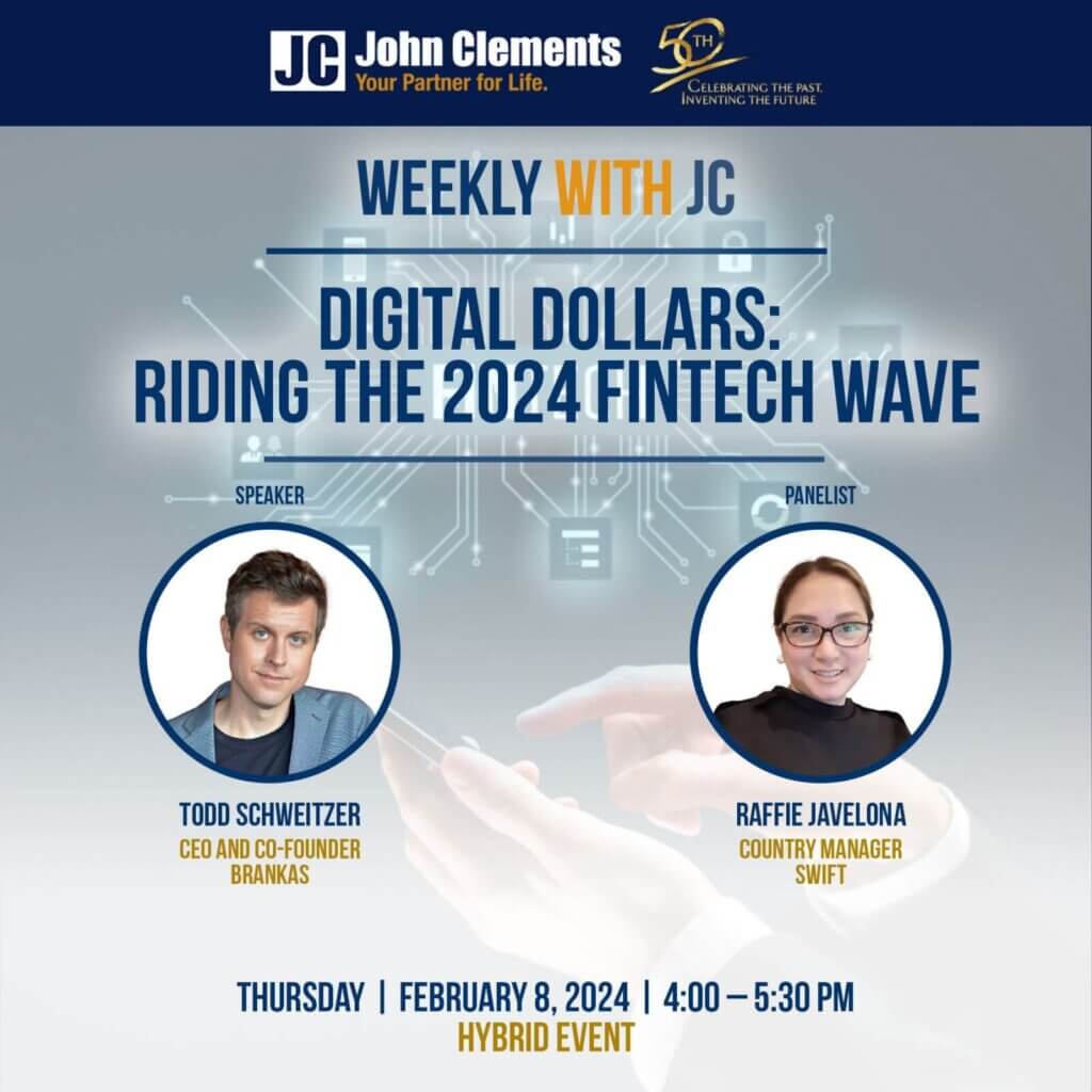 event poster of fintech briefing with photos of two speakers