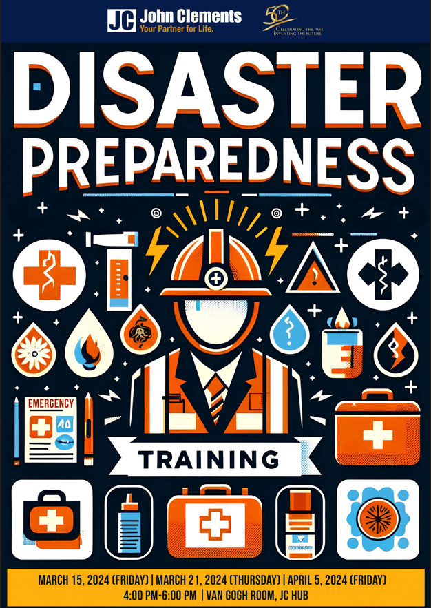 poster of disaster preparedness training with icons for emergency
